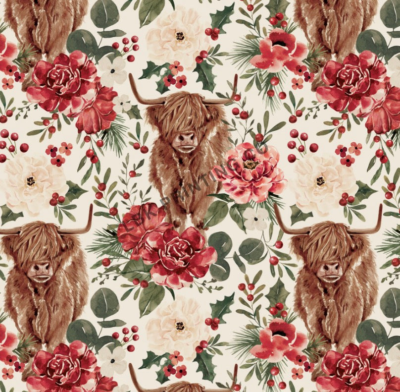 Red Christmas Floral Highland Cow